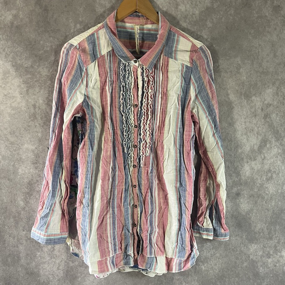 Aratta Silent Journey Button Down Women L Multi Color Stripe Bird Embroidered